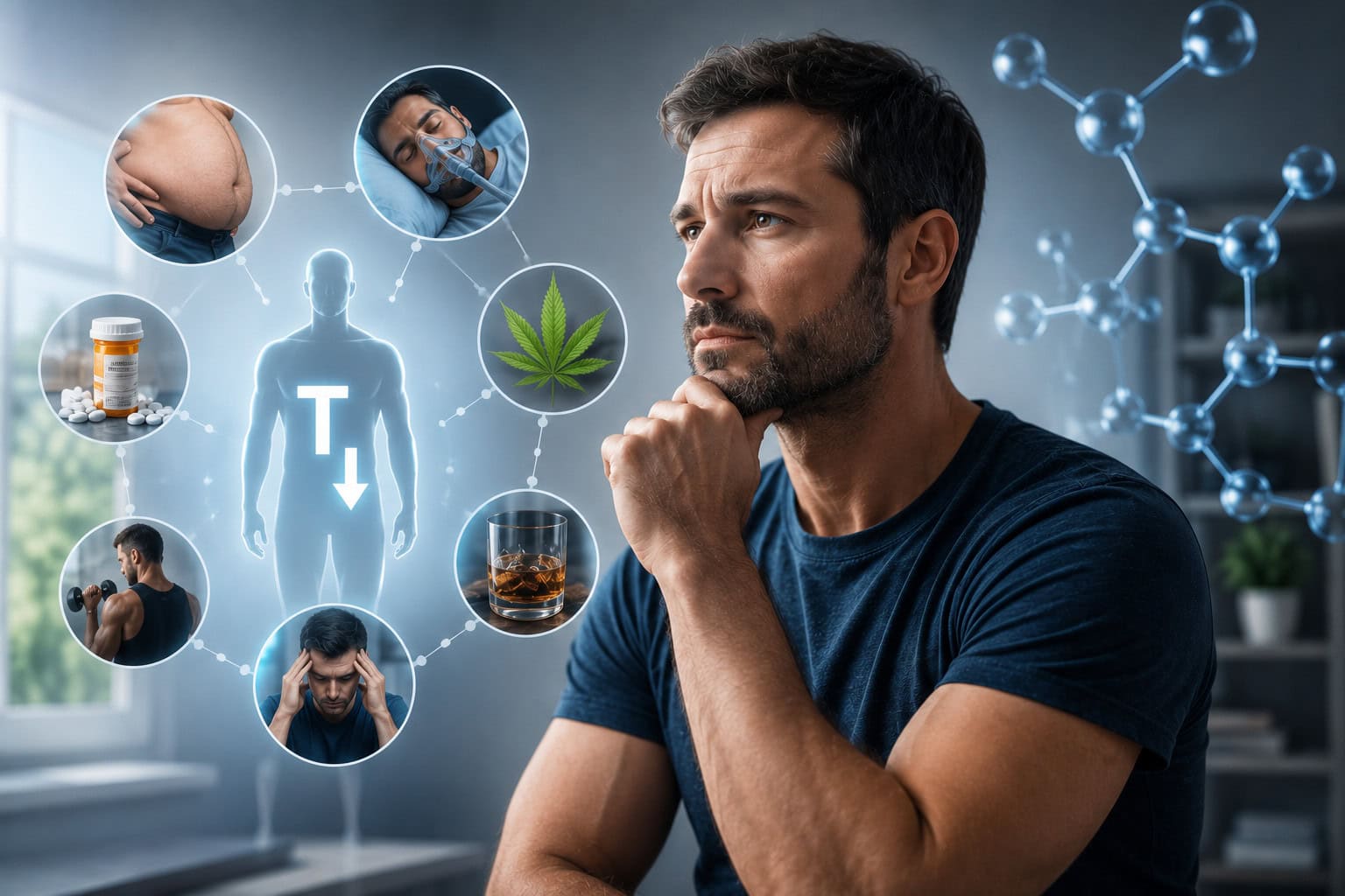 Thoughtful man with medical icons representing obesity, sleep apnea, medications, stress, alcohol, and cannabis use as common causes of low testosterone.