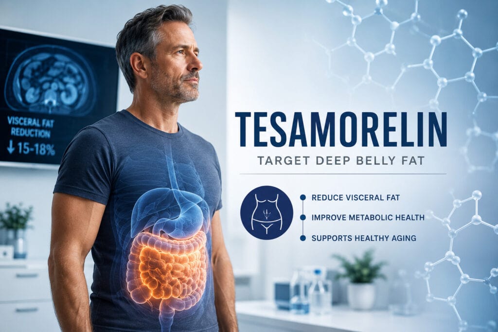 Man with a medical illustration highlighting deep abdominal visceral fat in a clinical setting, representing tesamorelin therapy for targeted belly fat reduction.