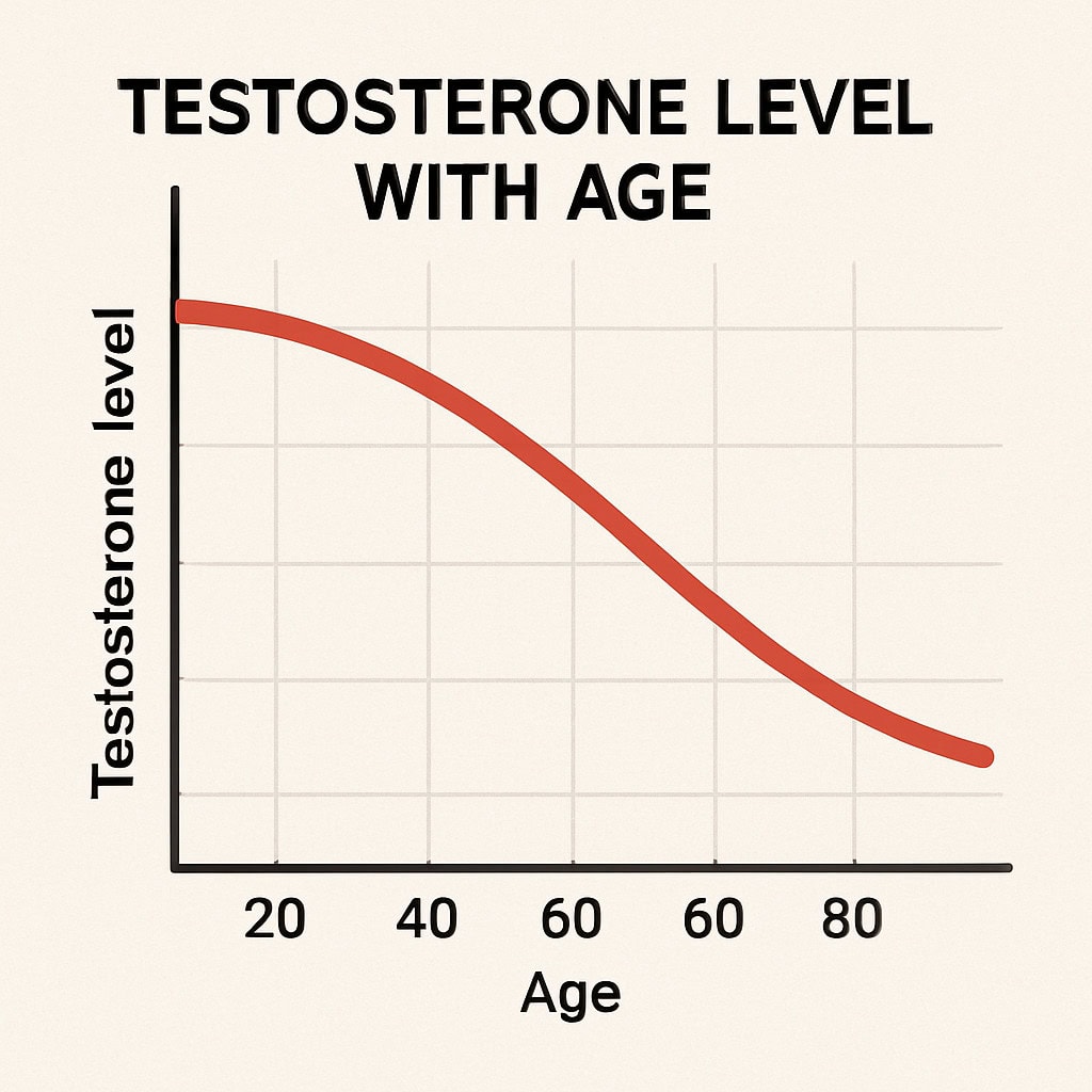Graph showing the natural decline of testosterone over different ages