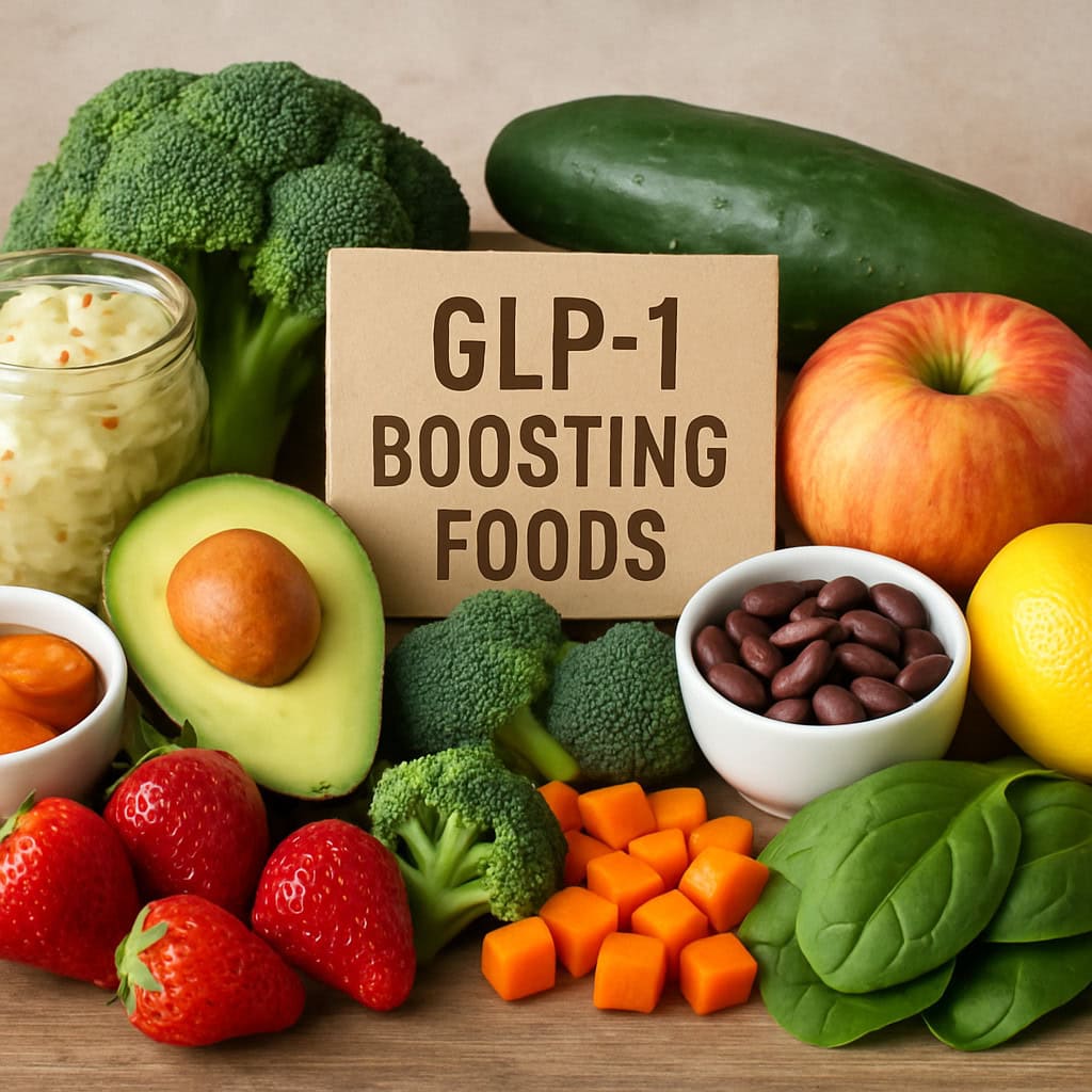 A variety of GLP-1 boosting foods, including fruits, vegetables, and fermented items