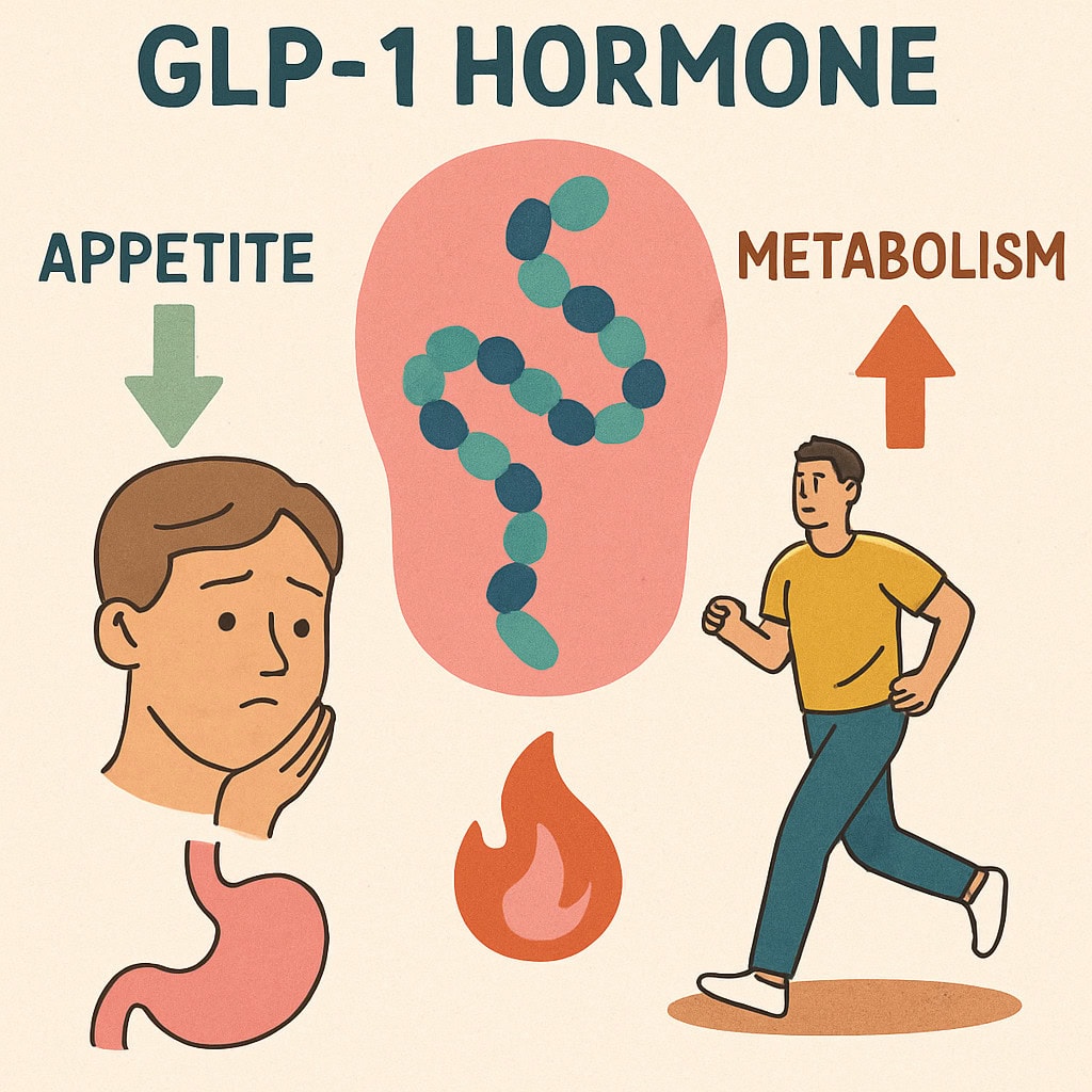Illustration of the GLP-1 hormone affecting appetite and metabolism
