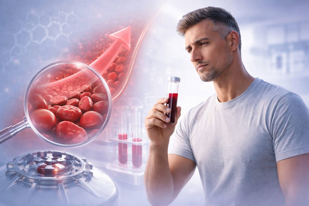 Visualization of high hematocrit on TRT with red blood cells and lab testing concept