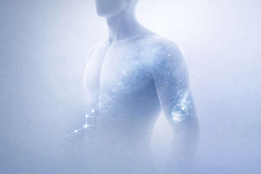 Abstract illustration of testosterone replacement therapy methods showing injections, gels, and pellets delivery in the body