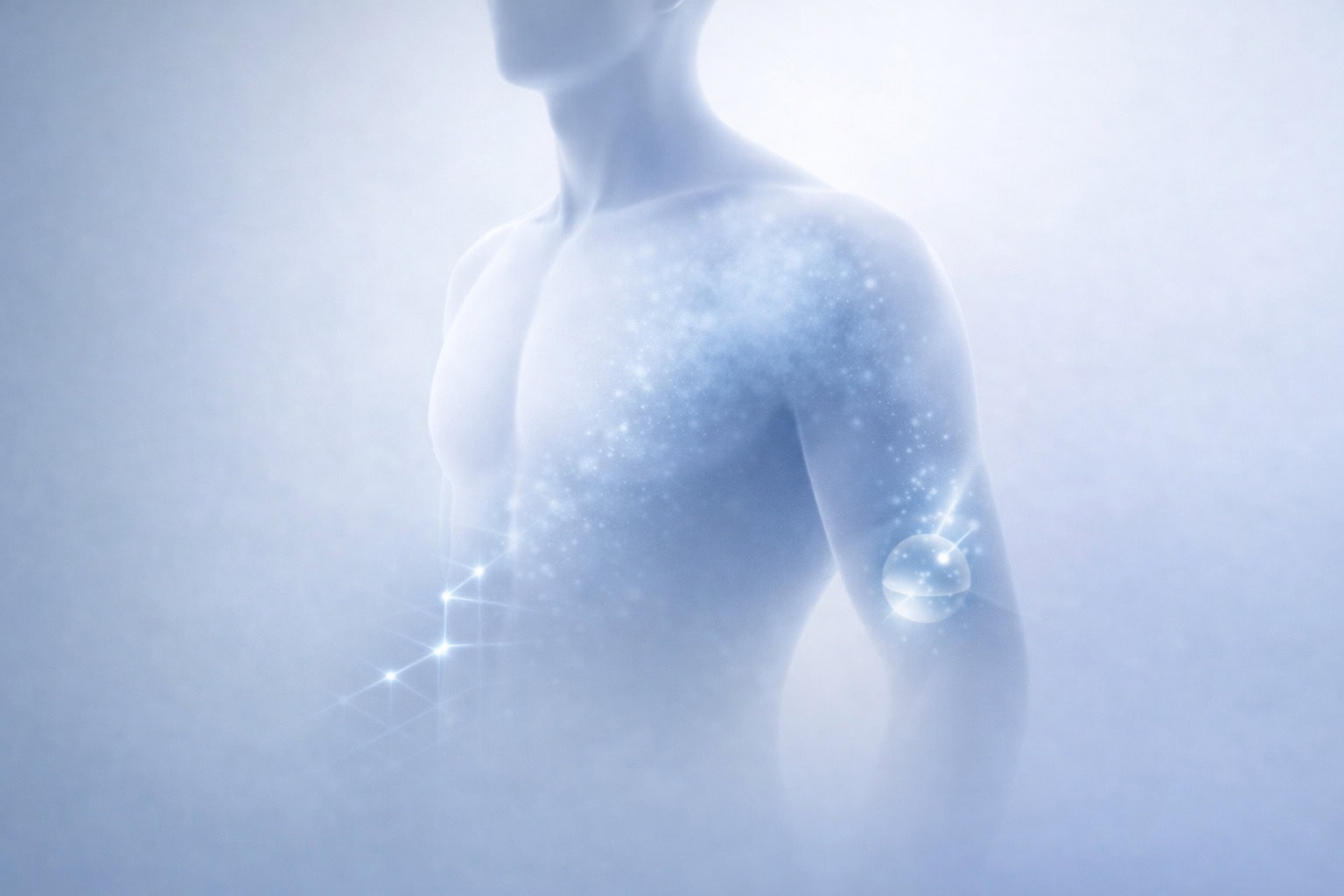 Abstract illustration of testosterone replacement therapy methods showing injections, gels, and pellets delivery in the body