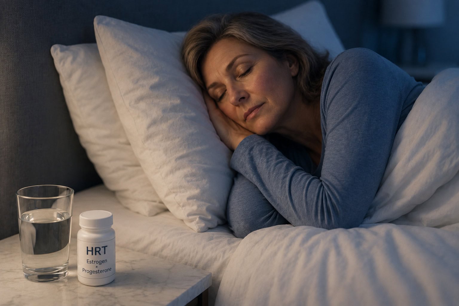 Woman sleeping in bed beside HRT medication and a glass of water.