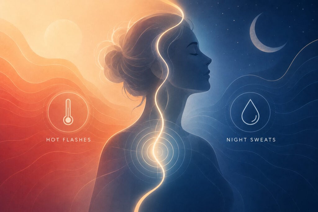 “Illustration of a woman silhouetted between warm and cool tones representing menopause symptoms, with icons and labels hrt for hot flashes and night sweats.”