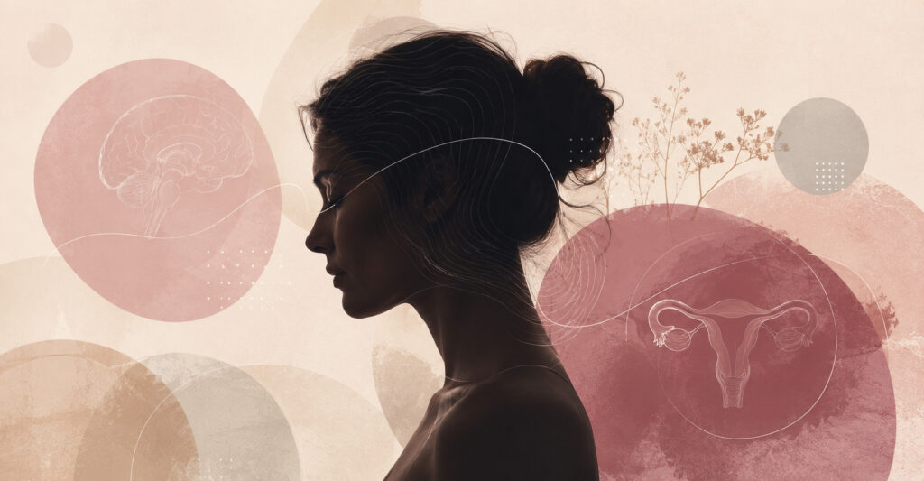 HRT for low libido in women: silhouette of a woman with brain and reproductive system illustrations.
