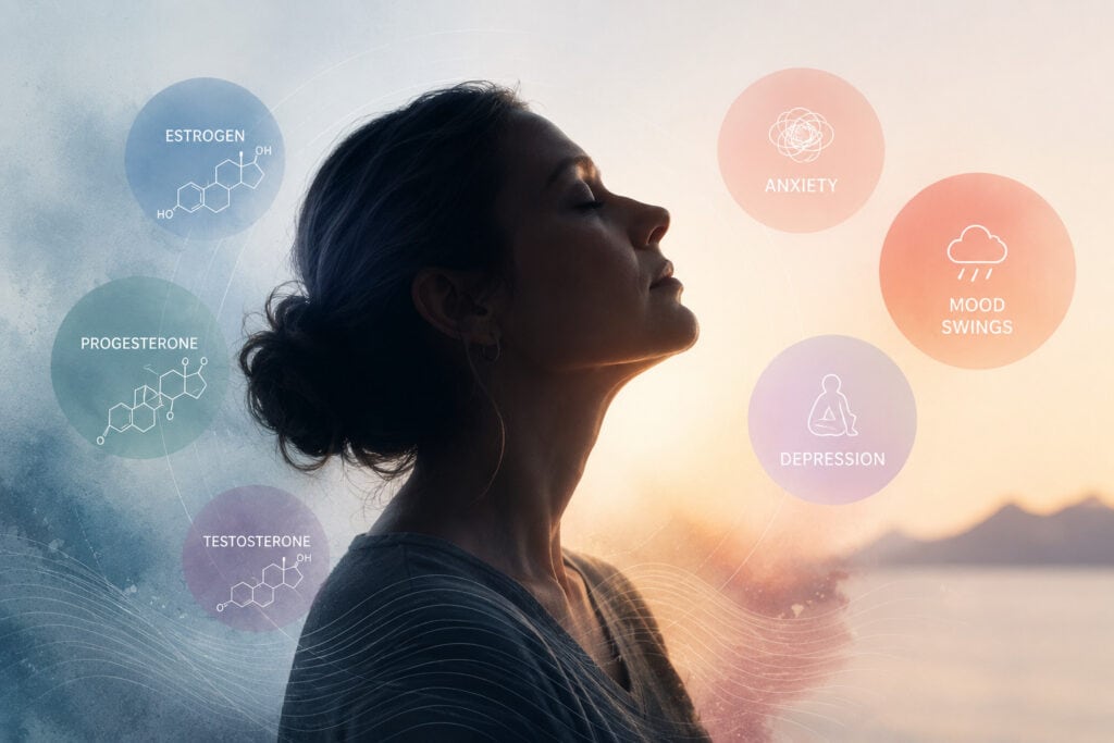 Woman in profile with hormone graphics illustrating estrogen, progesterone, and testosterone alongside anxiety, mood swings, and depression, representing the connection between hormones and mental health.
