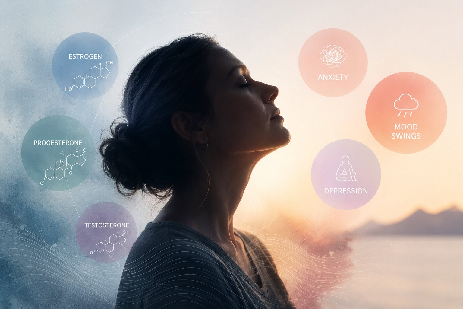 Woman in profile with hormone graphics illustrating estrogen, progesterone, and testosterone alongside anxiety, mood swings, and depression, representing the connection between hormones and mental health.