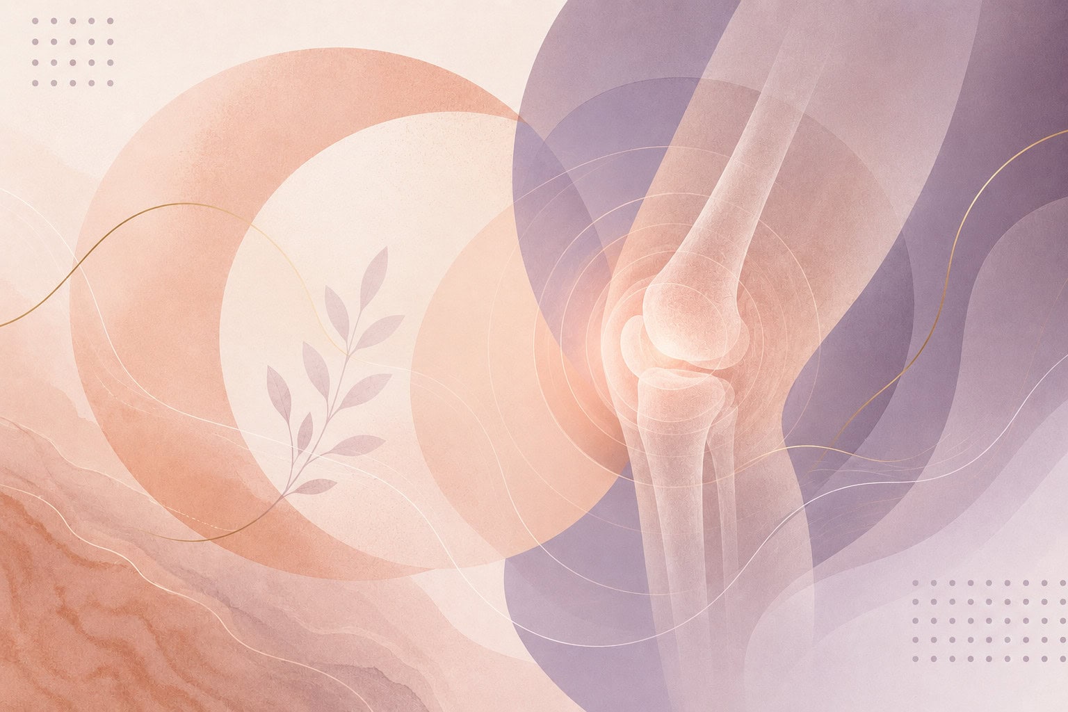 HRT for joint pain concept image showing an anatomical knee joint over soft peach and purple abstract shapes.