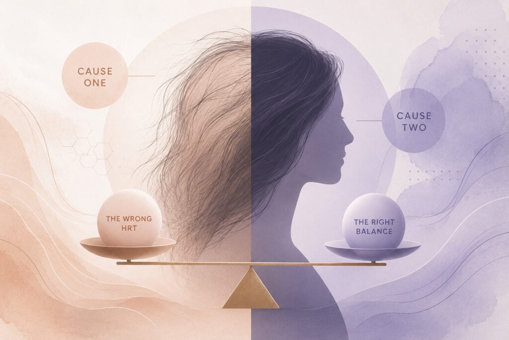 HRT for hair loss illustration: a woman's profile contrasting 'The Wrong HRT' (frizzy hair) with 'The Right Balance' (smooth, healthy hair) on a balance scale.