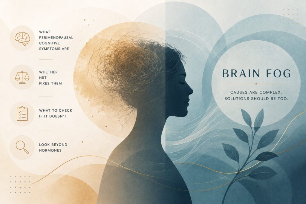 Split-toned illustration of a woman's profile — chaotic, warm-toned hair on one side, calm blue and smooth on the other — beside the title " hrt for Brain Fog: Causes are complex. Solutions should be too."