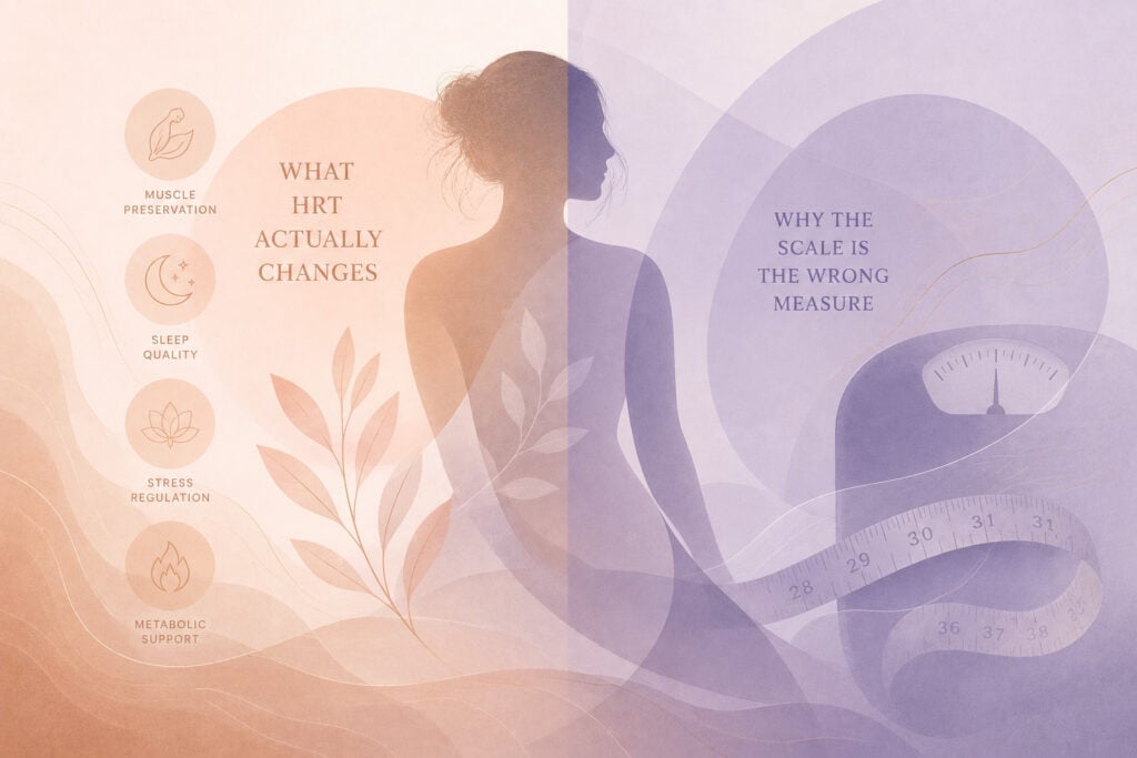 hrt for weight gain in menopause: Illustrated banner split into warm peach and soft violet halves, with a woman's back and profile at the centre. The left side, "What HRT Actually Changes," lists muscle preservation, sleep quality, stress regulation, and metabolic support. The right side, "Why the Scale Is the Wrong Measure," shows a bathroom scale and measuring tape, framing weight change as a secondary outcome.