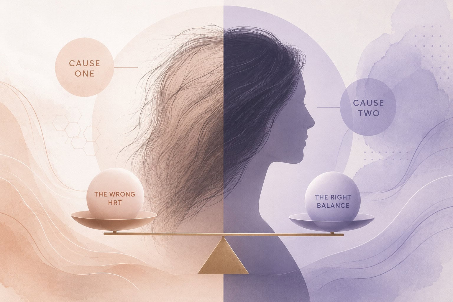 HRT for hair loss illustration: a woman's profile contrasting 'The Wrong HRT' (frizzy hair) with 'The Right Balance' (smooth, healthy hair) on a balance scale.