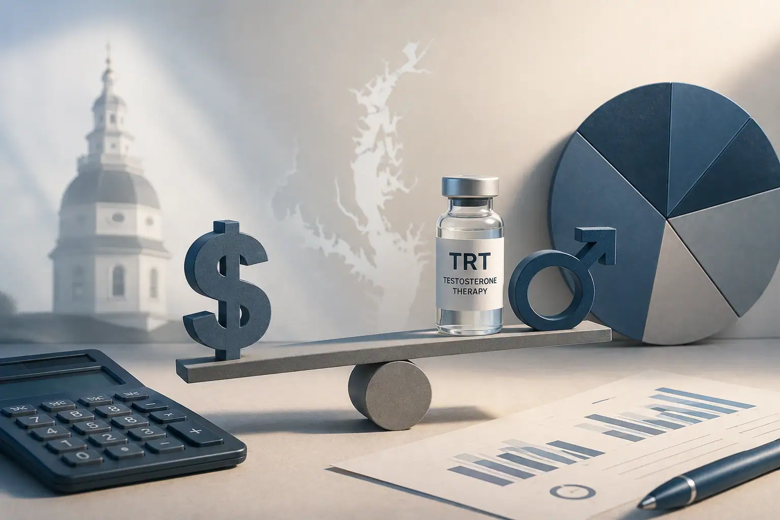 TRT cost in Annapolis: a testosterone vial balanced on a scale with a dollar sign, calculator, and charts nearby