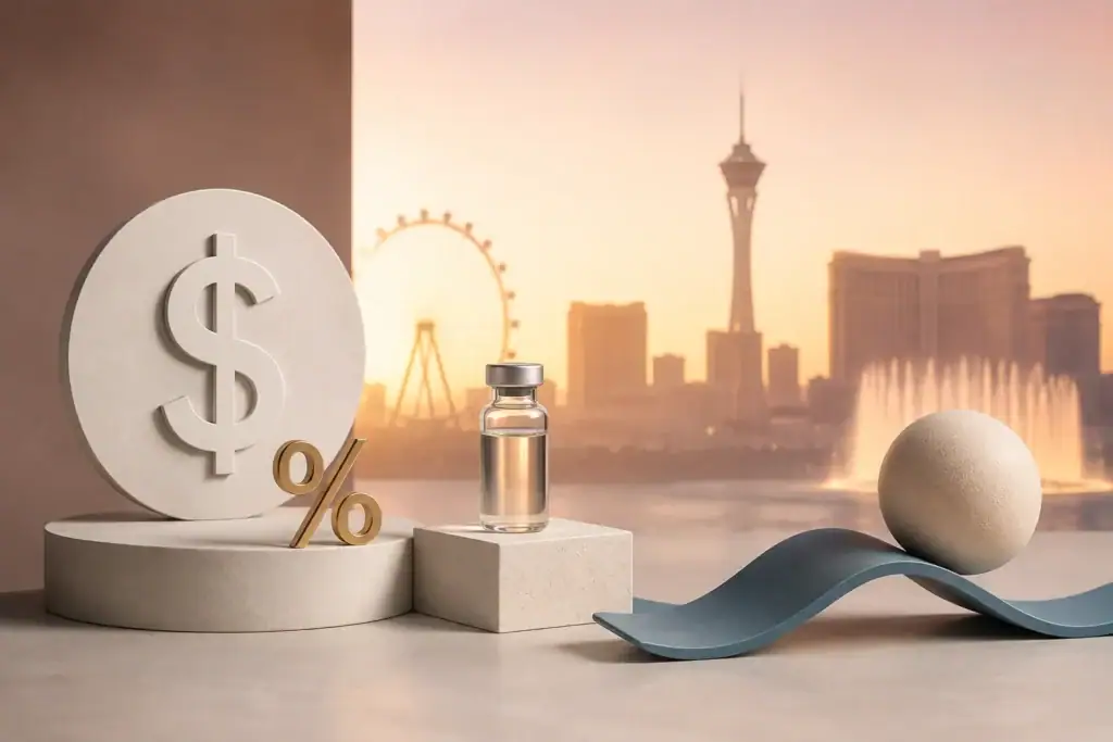 TRT cost in Las Vegas: a testosterone vial on a podium beside a dollar sign, with the Las Vegas skyline behind