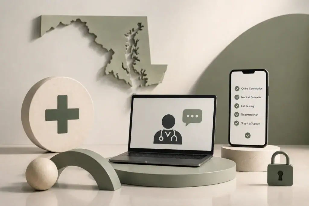 Online TRT in Maryland: a telehealth doctor on a laptop with a Maryland state map and treatment-step checklist